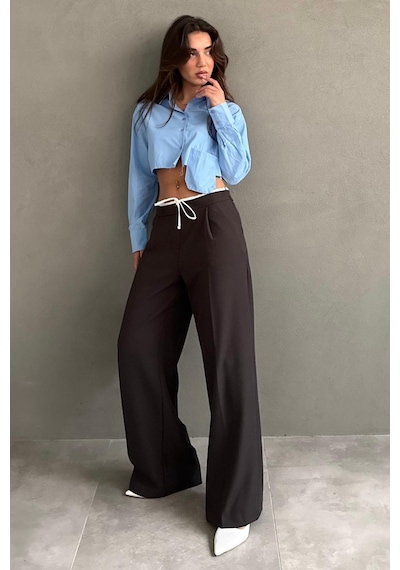 Madmext Acı Kahve Çift Bel Bantlı Wide Leg Kadın Pantolon Mg2551 Acı Kahverengi