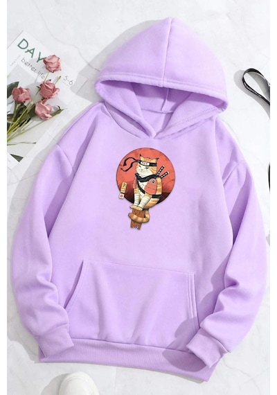 Uyguntarz Unisex Shinobi Kedi Baskılı Sweatshirt Lila