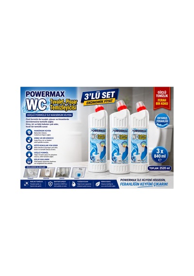 Wc Tuvalet Temizleyici 840 Ml X 3 Adet Güçlü Kireç Ve Kir Temizliği Ekonomik Set - 881980647