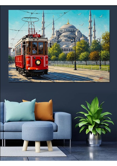 Kırmızı Tramvay İstanbul Şehri Dekoratif Kanvas - Mdf Ahşap Tablo