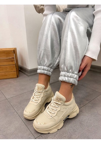 Erva'nın Butiği Bej Cilt Leo Leopar Detaylı Kadın Bağcıklı Sneakers-5201