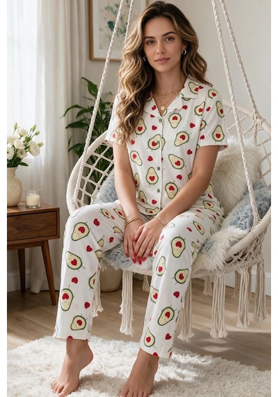Findit Avokado Desenli Kısa Kollu Gömlek Yaka Milan Kumaş Kadın Pijama Takımı Renkli