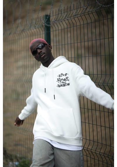 Blow Up Kapşonlu 3 İplik Kalın İçi Polarlı Oversize Baskılı Erkek Sweatshirt 001