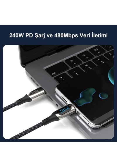 Bxcc243 Type-c To Type-c 240w 480mbps E-marker Çip Dijital Ekran Göstergeli Örgülü Şarj Ve Data Kablosu 1 Metre