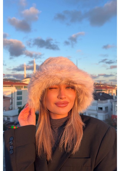 Mollycrush Suni Kürklü Peluş Bucket Kalpak Şapka Luxury Kadın Bej Rus Slav Tarzı Bej