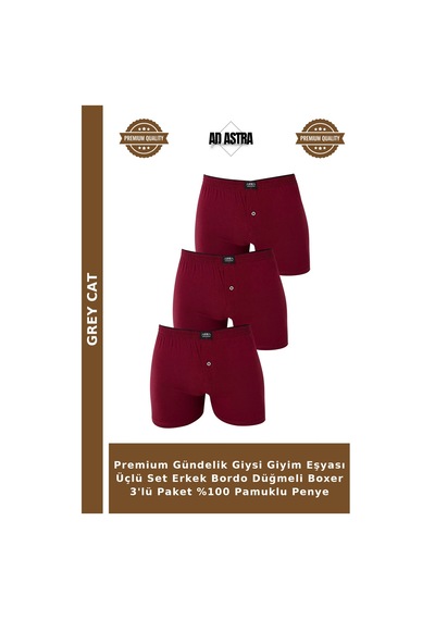 Grey Cat Premium Gündelik Giysi Giyim Eşyası Üçlü Set Erkek Bordo Düğmeli Boxer 3'lü Paket %100 Pamuklu Penye