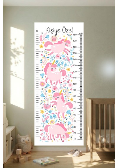 Kişiye Özel Unicorn Temalı Dekoratif Çocuk Boy Ölçer Sticker Duvar Cetveli Takip Çizelgesi Beyaz