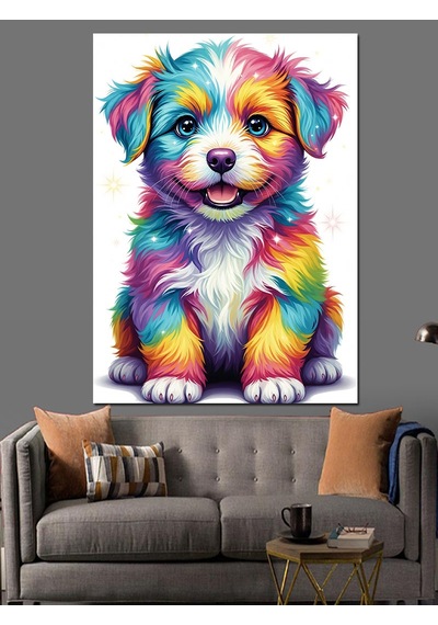 Ahşap Tablo Rengarenk Sevimli Köpek Yavrusu