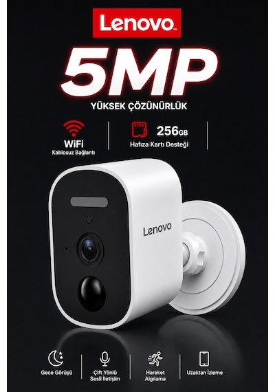 Lenovo 5mp Wifi Adaptörlü Uzaktan İzlenebilen Gece Görüşlü Hareket Algılamalı Güvenlik Kamerası