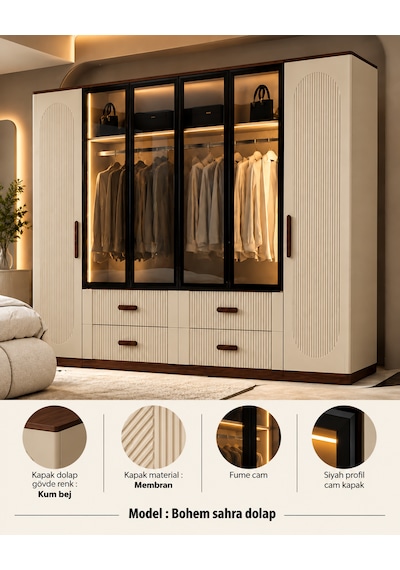 Free Home Bohem Sahra Kum Beji Mdf Gardırop Elbise Dolabı 240x218x57 Kumbeji