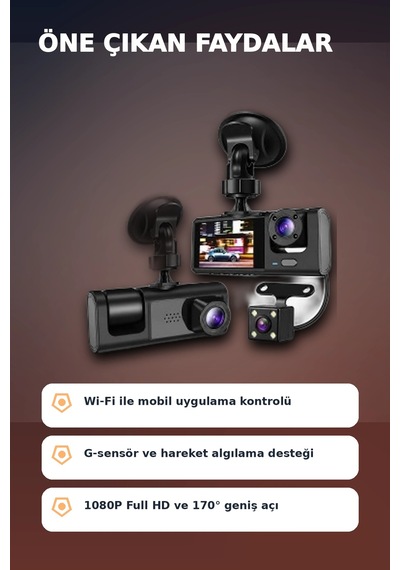 1080p Full Hd 3 Kameralı Wi-fi Destekli Araç İçi Yol Kayıt Kamerası 170 Derece Geniş Açı