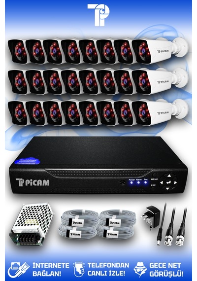 Picam 24 Kameralı Kare 24 Dış Kamera Set HDD'siz Full HD Gece Görüşlü Güvenlik Kamerası Sistemi