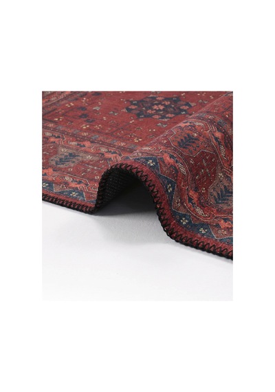 Zümrüt 05 Bordürlü Kırmızı Lacivert Etnik Vintage Eskitme İnce Yıkanabilir Salon Ev Oda Halısı