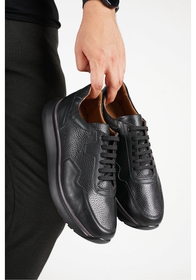 Fame Step Hakiki Deri Erkek Yürüyüş Ayakkabısı Casual Comfort Bağcıklı Ortopedik Günlük Rahat Taban Siyah Sneaker Palermo