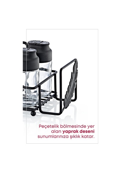 Grimorlife Metal Standlı Peçetelikli Islak Mendil Bölmeli 4'lü Çift Kapaklı Cam Restoran Kafe Baharatlık Seti Diğer