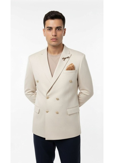 Plus Scorpion Erkek Suet Blazer Ceket Şık Düğmeli Takım Elbise Üstü Slim Fit Model Krem