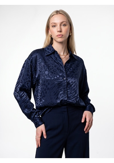 Pera Moda Jakarlı Oversize Uzun Şık Kadın Gömlek Lacivert