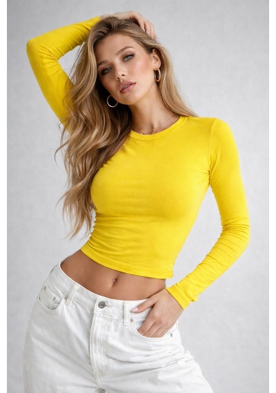 Wild Bee Kadın Sarı Bisiklet Yaka Uzun Kollu Basic Bluz