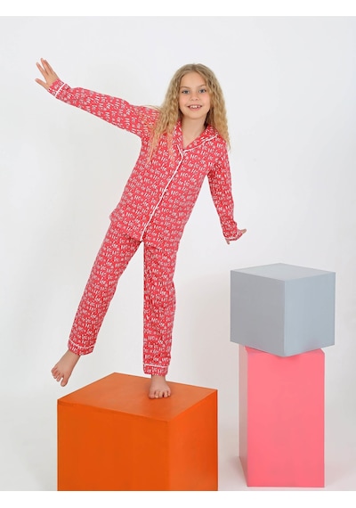 Düğmeli Kız Uzun Kollu 'hoho' Model Pijama Takımı Fuşya