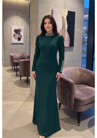 Dorne Moda Taş İşlemeli Yaka Ve Kol Detaylı Uzun Davet Elbisesi Yeşil Yeşil