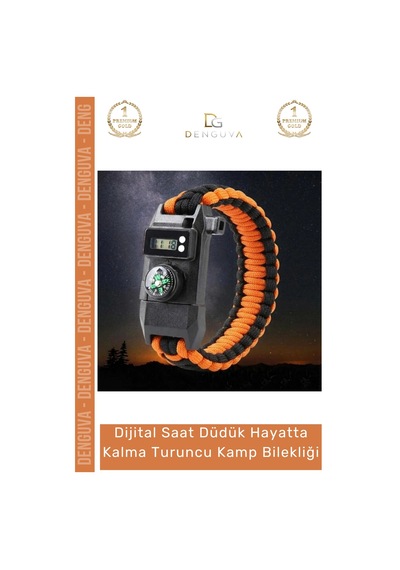 Bileklik Paracord Dijital Saatli Sos Led Pusula Magnezyum Hayatta Kalma Turuncu Kamp Bilekliği