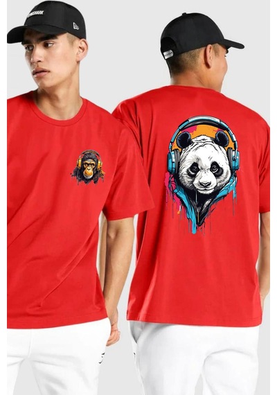 Kulaklık Ayı Panda Kırmızı Oversize Unisex Ön Ve Sırt Baskılı Tişört Kırmızı