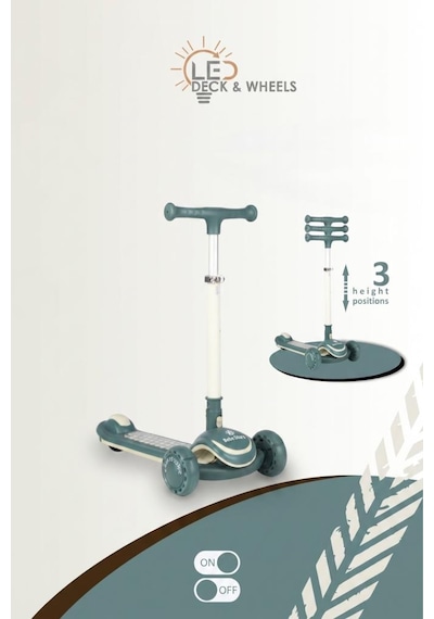 3 Tekerlekli Led Işıklı Müzikli Katlanabilir Boyu Ayarlanabilir 3 Yükseklik Ayarlı Çocuk Scooter'ı Yeşil