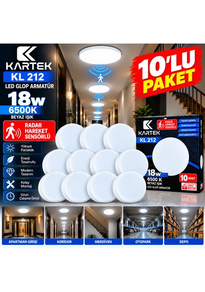 5'li Paket Kartek Kl 212 18w Radar Hareket Sensörlü Led Glop Armatür 6500k Beyaz Işık Sıva Üstü Yuvarlak Tavan Lambası