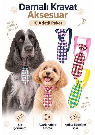 Showtech Kedi Ve Köpek Damalı Desenli Kravat Boyun Aksesuarı 10'lu Paket