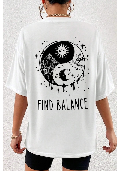Unisex Yin & Yang Baskılı T-shirt Beyaz