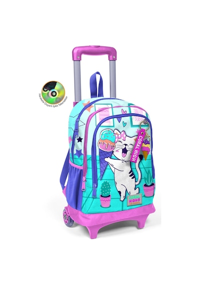 Coral High Kids Turkuaz Pembe Dondurmalı Kedi Desenli Üç Bölmeli Çekçekli Okul Sırt Çantası 23951
