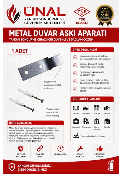 Yangın Söndürme Tüpü Metal Duvar Askı Aparatı 1 Adet Vidalı Dübelli Tse Belgeli Yangın