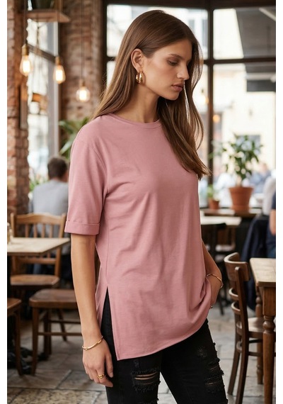Armonika Kadın Gül Kurusu Yuvarlak Yaka Duble Kol Yanları Yırtmaçlı Pamuklu T-shirt Arm-26y137001 Armonika Kadın Gül Kurusu Yuvarlak Yaka Duble Kol Yanları Yırtmaçlı Pamuklu T-shirt Arm-26y137001