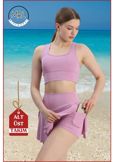 Missmaral Kadın Alt-üst Takım Şort & Sabit Pedli Üst Crop Denizde Havuzda Sporda Swimsuit Lila Rengi Takım3107 Lila