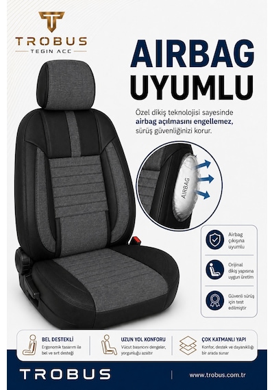 Vw Golf 2003+ Uyumlu Apex Linen Bel Destekli Keten Füme Siyah Koltuk Kılıfı