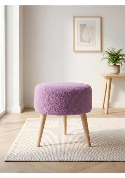 Lila Welsoft Kumaş Yuvarlak Puf Ahşap Ayaklı Demonte Modern Puf Tabure 40x42 Cm