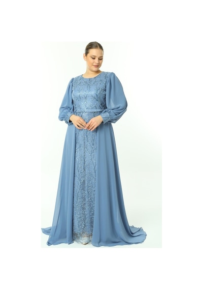 Ladies First Büyük Beden 3704 Indigo Uzun Abiye Elbise