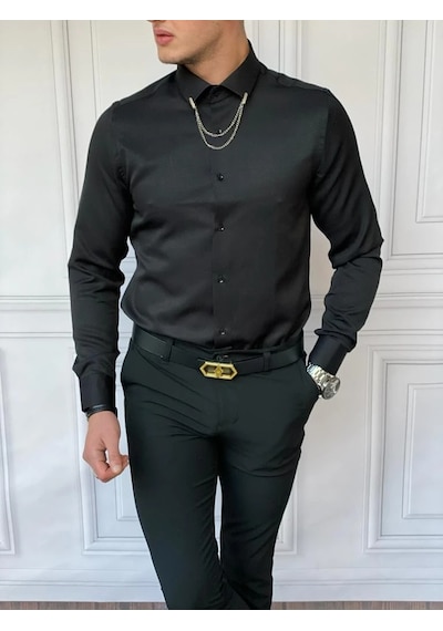 Modefendi Slim Fit Pamuk Örme Bebe Yaka Gömlek Siyah