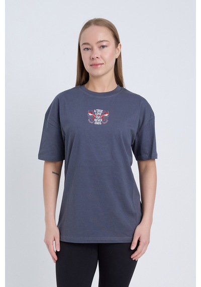 Velvoria Unisex Oversize A True Love Baskılı Antrasit Renk T-shirt