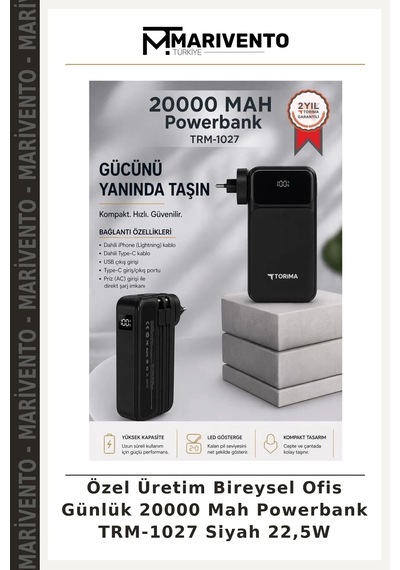 Özel Üretim Bireysel Ofis Günlük 20000 Mah Powerbank Trm-1027 Siyah 22,5w Çok Renkli
