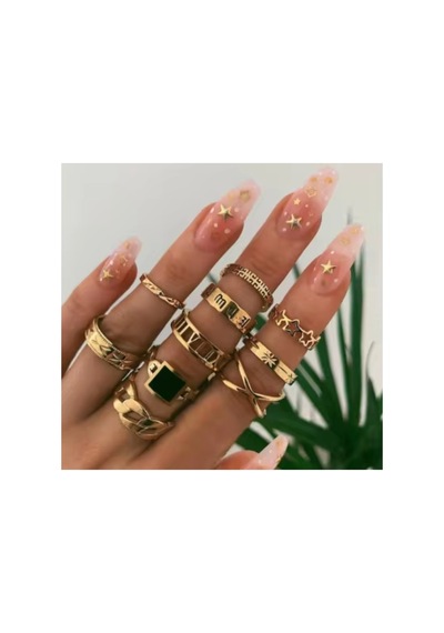 Reverie Gold Altın Renkli Siyah Taşlı Vintage Bohem 12 Parça 12'li Yüzük Seti Koyu Pembe