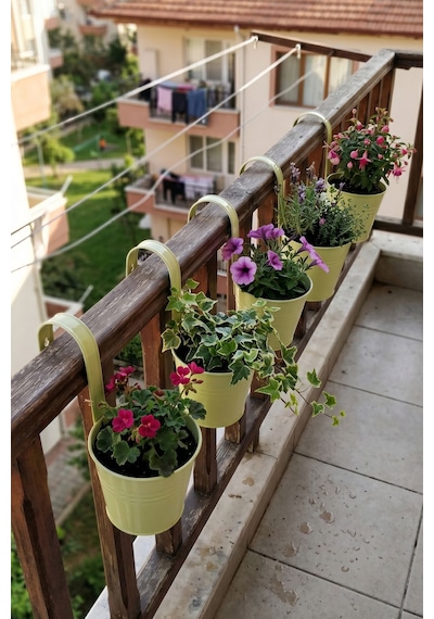 5'li Askılı Çok Amaçlı Dekoratif Galvaniz Saksı Kova Açık Yeşil