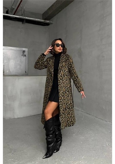 Neşeli Butik Kadın Leopar Desenli İthal Kaşe Kaban Nbg054 Çok Renkli