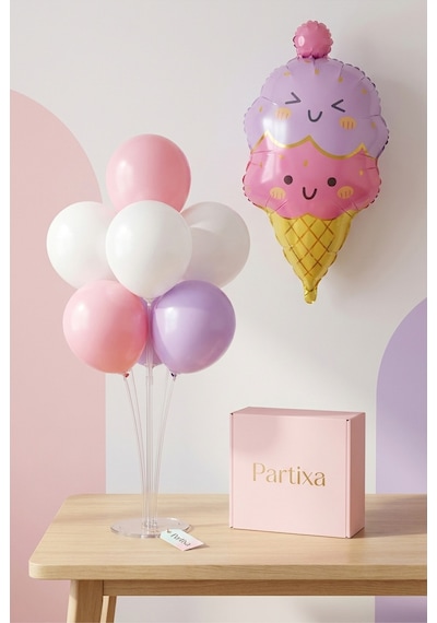 Dondurma Figürlü Pembe Balon Stand Seti Şeffaf 7 Li Stand + Dondurma Folyo Balon + 7 Lateks Balon Altın - Pembe - Şeffaf