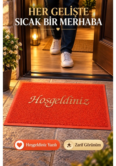 Kırmızı 40x60 Cm Hoşgeldiniz Yazılı Kapı Önü Paspası Kıvırcık Dokulu Altın Yazılı Dekoratif Ev Paspası