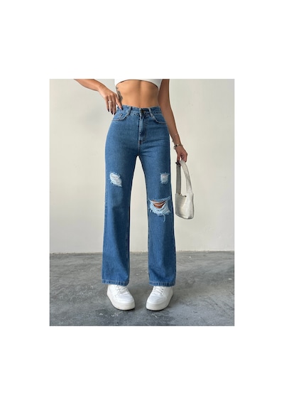 Blue Marlın Kadın Lazer Yırtık İşlemli Boyfriend Kot Bol Paça Pantolon Çok Renkli