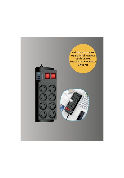 Termal Korumalı 8 Prizli 3 Usb Li Uzatma Kablosu Yeni Nesil - Hs08375148-7854 Renkli