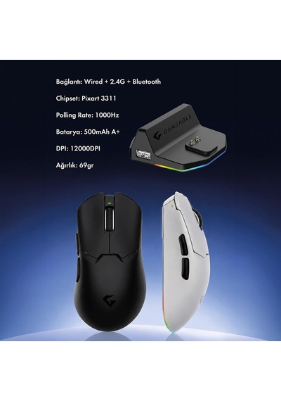 Tracker Pro Rgb Kablosuz 2.4ghz Bluetooth Kablolu Dock Şarj İstasyonlu 69gr 1khz 12000dpı Oyuncu Mouse Siyah