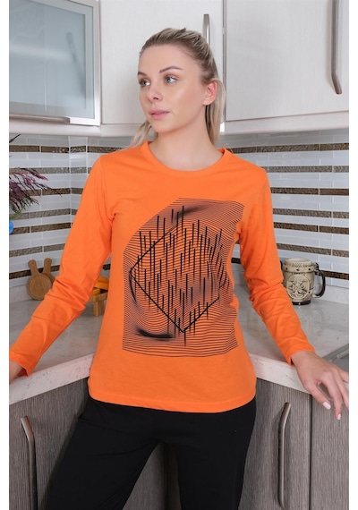 Akbeniz Kadın Uzun Kol Penye Pijama Takım 4177 - L Turuncu