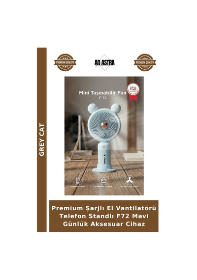 Premium Şarjlı El Vantilatörü Telefon Standlı F72 Mavi Günlük Aksesuar Cihaz